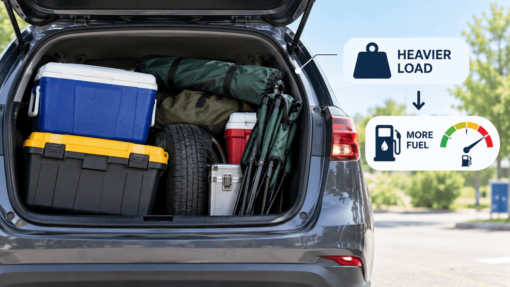 Car boot filled with heavy items that are rarely needed and add to fuel consumption
