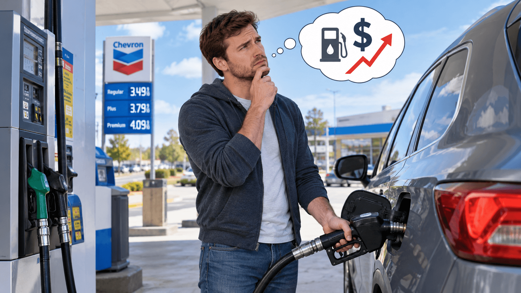 Driver refuelling a car at a petrol station, thinking about the cost of fuel