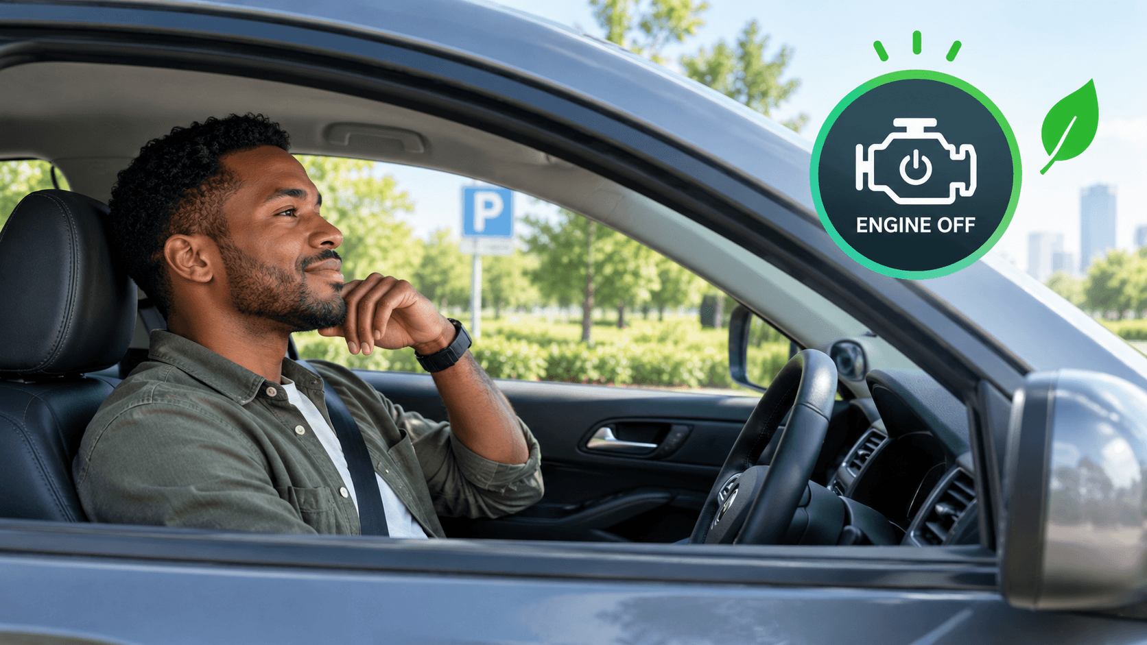 Parked car with the engine switched off while the driver waits, avoiding unnecessary idling