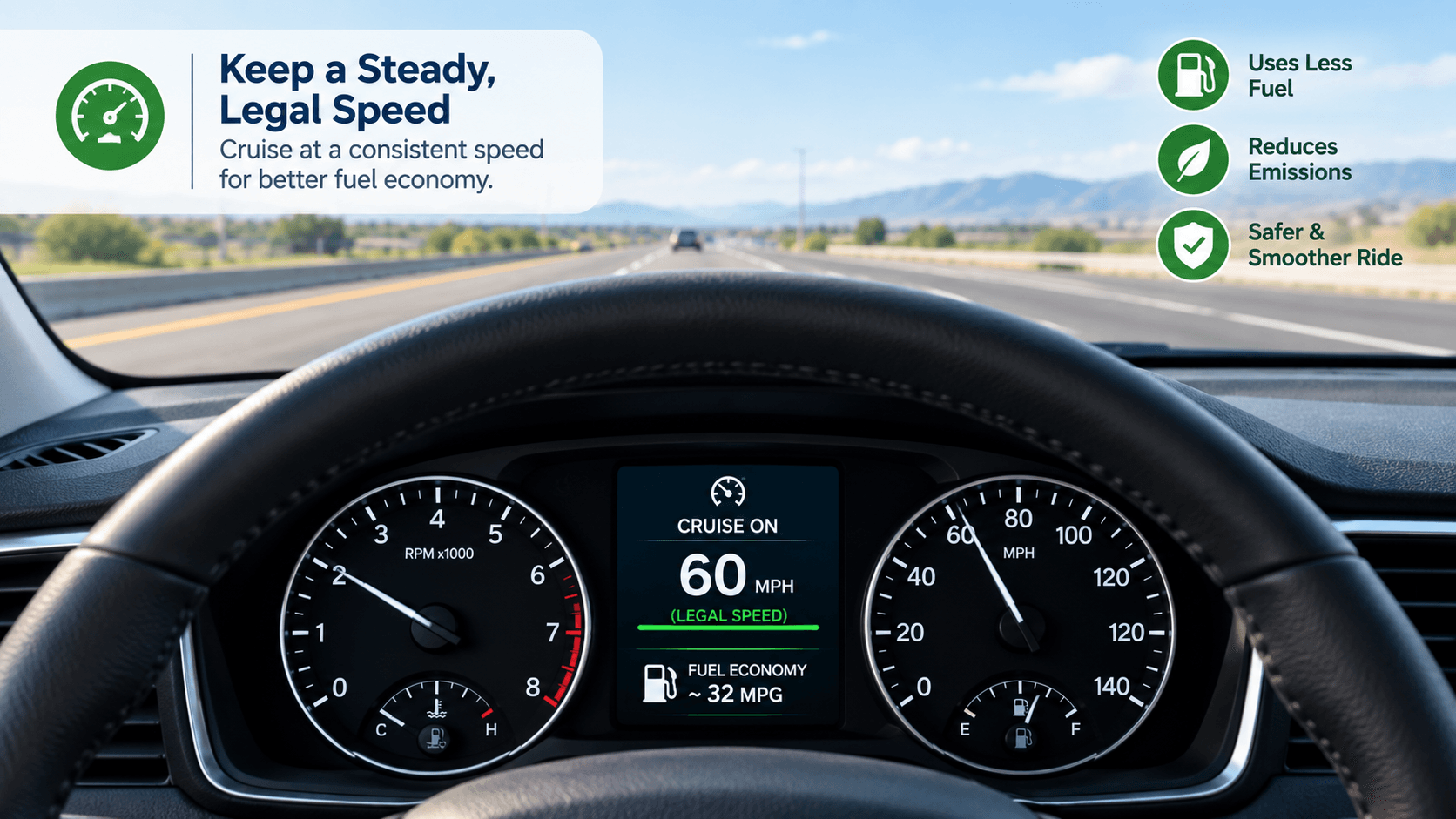 Speedometer showing a steady legal cruising speed for better fuel economy