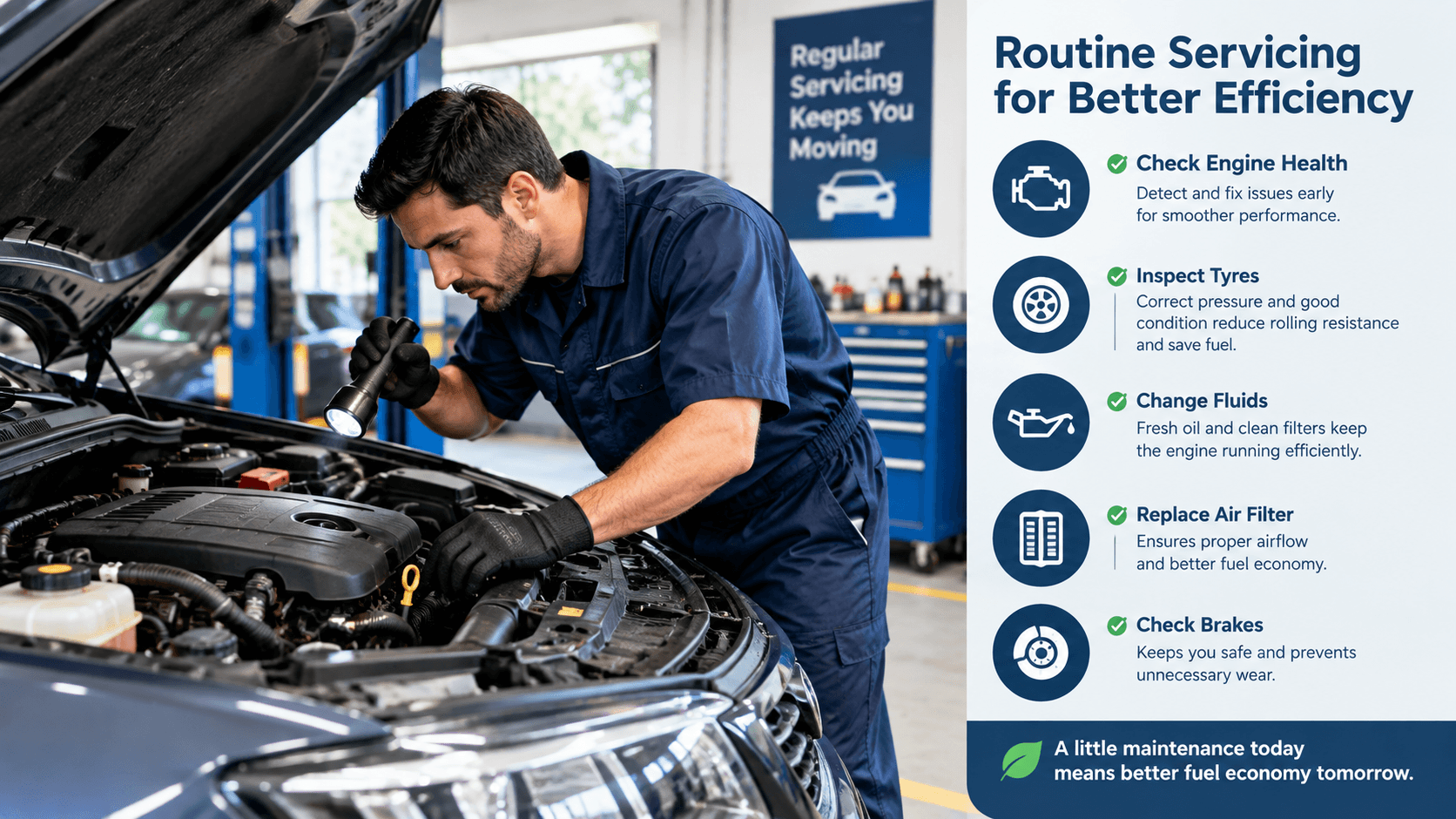 Mechanic inspecting a car during routine servicing to keep it running efficiently