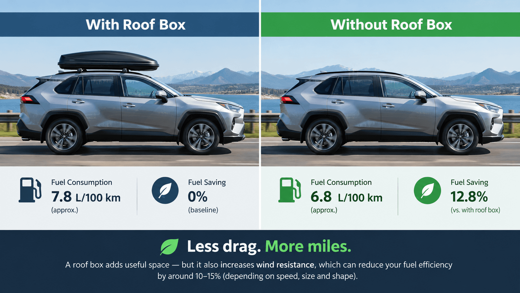 Side-by-side comparison of a car with a roof box and the same car without one