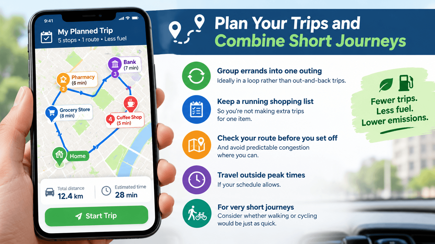 Smartphone map showing one planned route that combines several errands