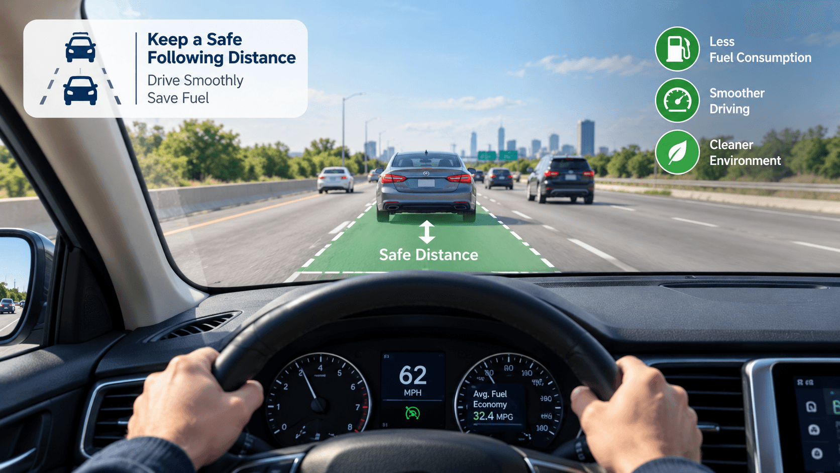 Driver keeping a safe following distance in steady traffic to drive smoothly and save fuel