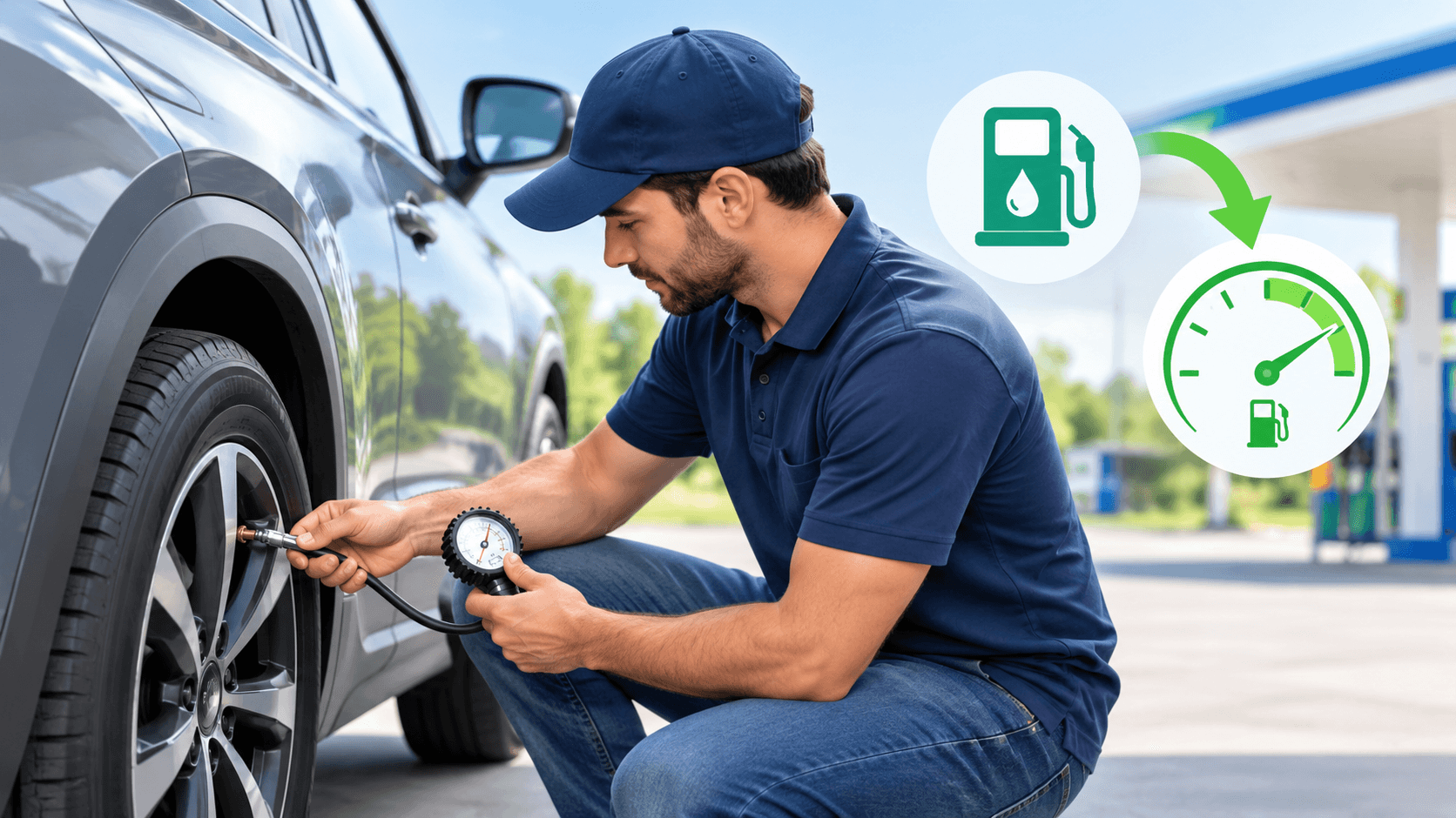 Driver checking car tyre pressure to improve fuel efficiency